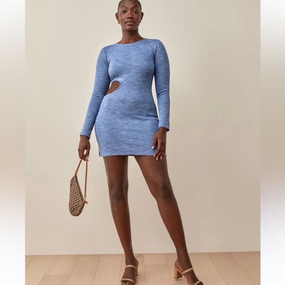 Reformation Tracey Knit Dress in Blue Women’s Ribbed Mini with Cut out